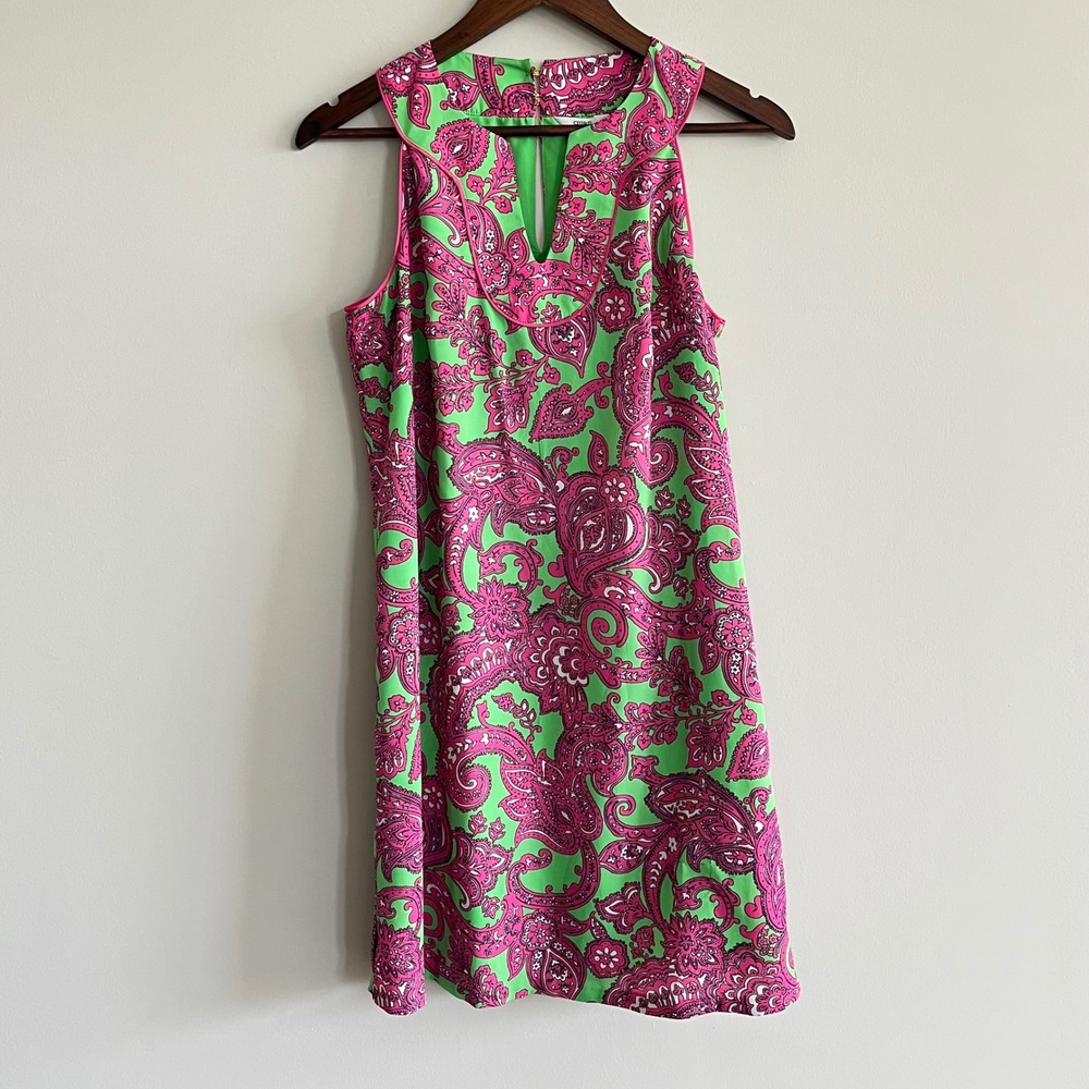 Crown & Ivy Womens Green Pink Paisley Sleeveless Notched V-Neck Shift Dress S